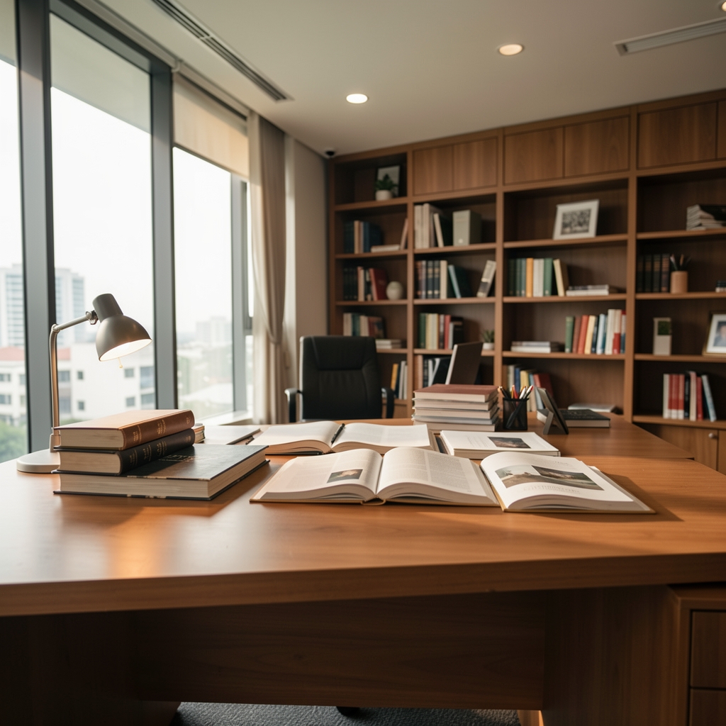 Jakarta editorial office interior with wooden desk, open research journals, natural light through large windows and warm ambient lighting