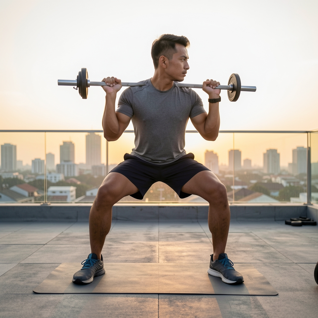 Active Indonesian man performing morning outdoor strength training session on a Jakarta rooftop at sunrise, wearing athletic wear