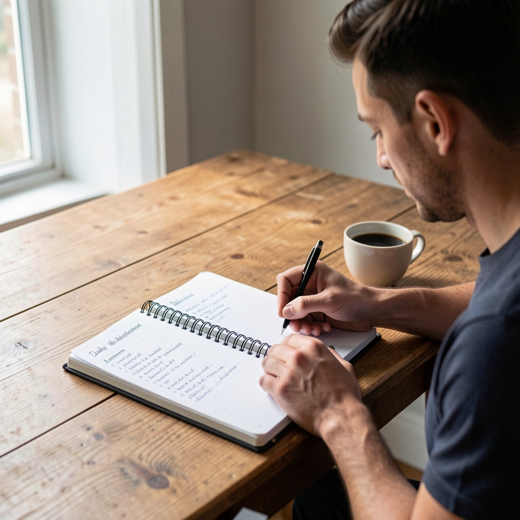 Man reviewing structured daily wellness journal notes at a wooden desk with natural light, cup of black coffee beside notebook