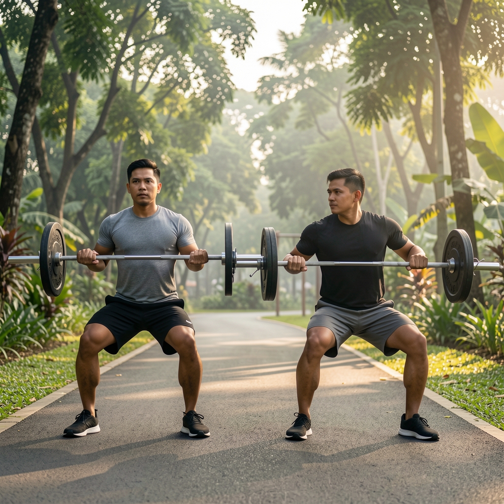 Two men performing outdoor functional fitness exercises on a Jakarta park trail early morning with greenery in background