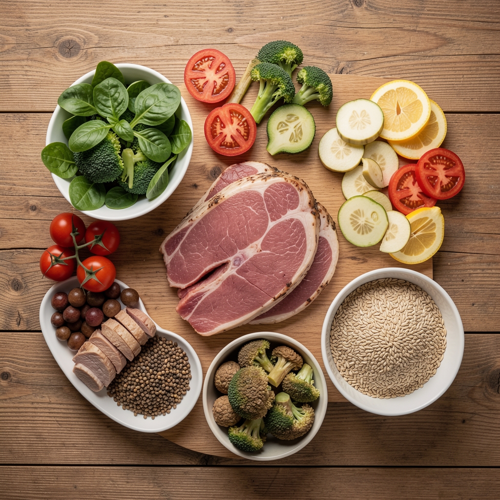 Overhead flat lay of balanced whole-food meal preparation with fresh vegetables, lean protein, and grains on a wooden surface