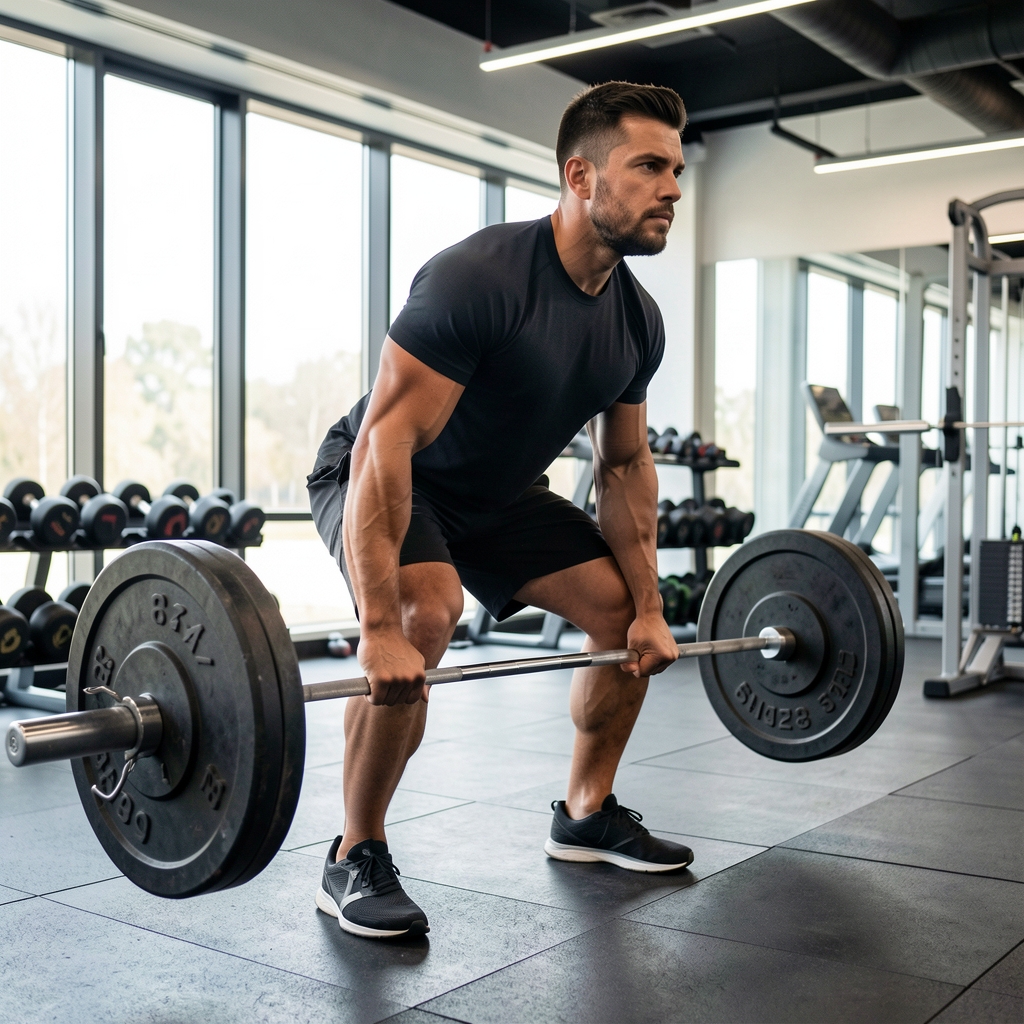Man performing deadlift with proper form in a well-lit modern gym, barbell loaded with weight plates, focused expression