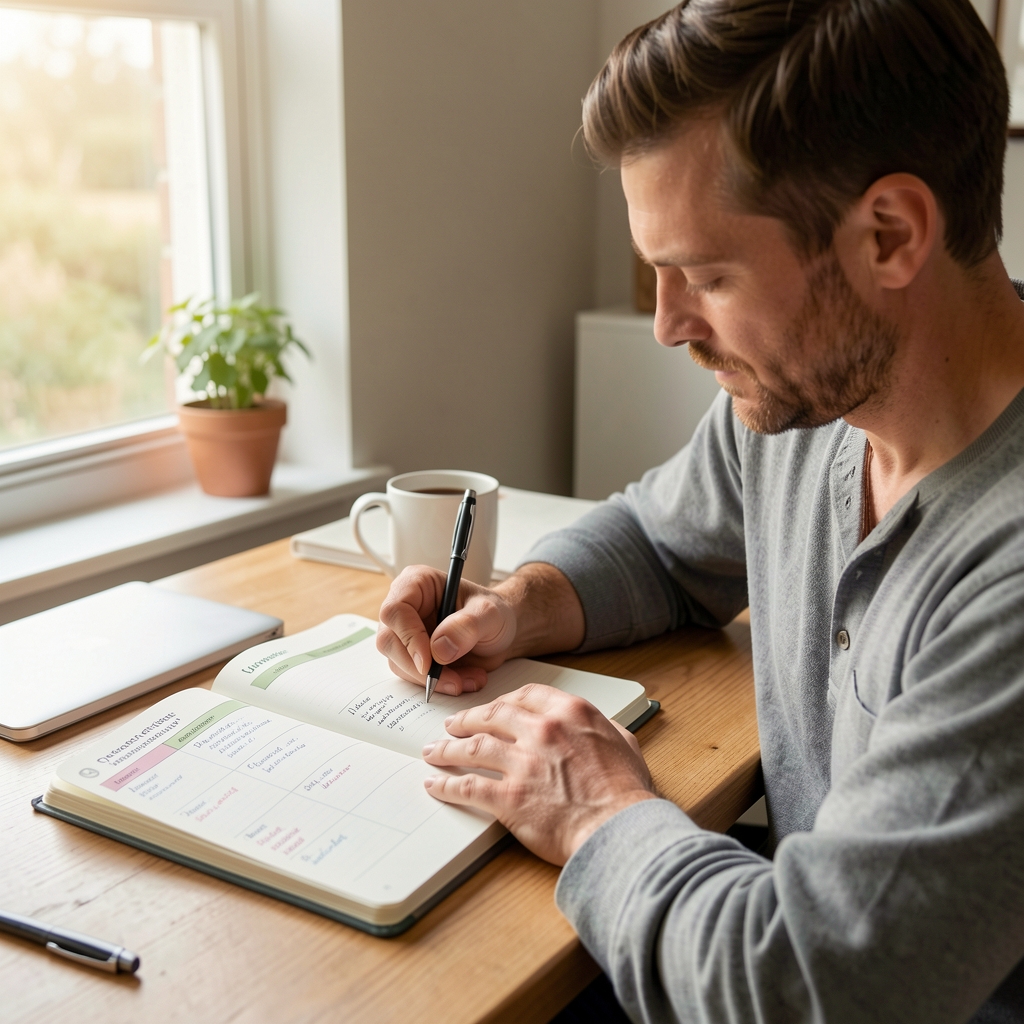 Man writing in a wellness progress tracking journal at a desk with natural morning light, open planner showing weekly workout and nutrition log