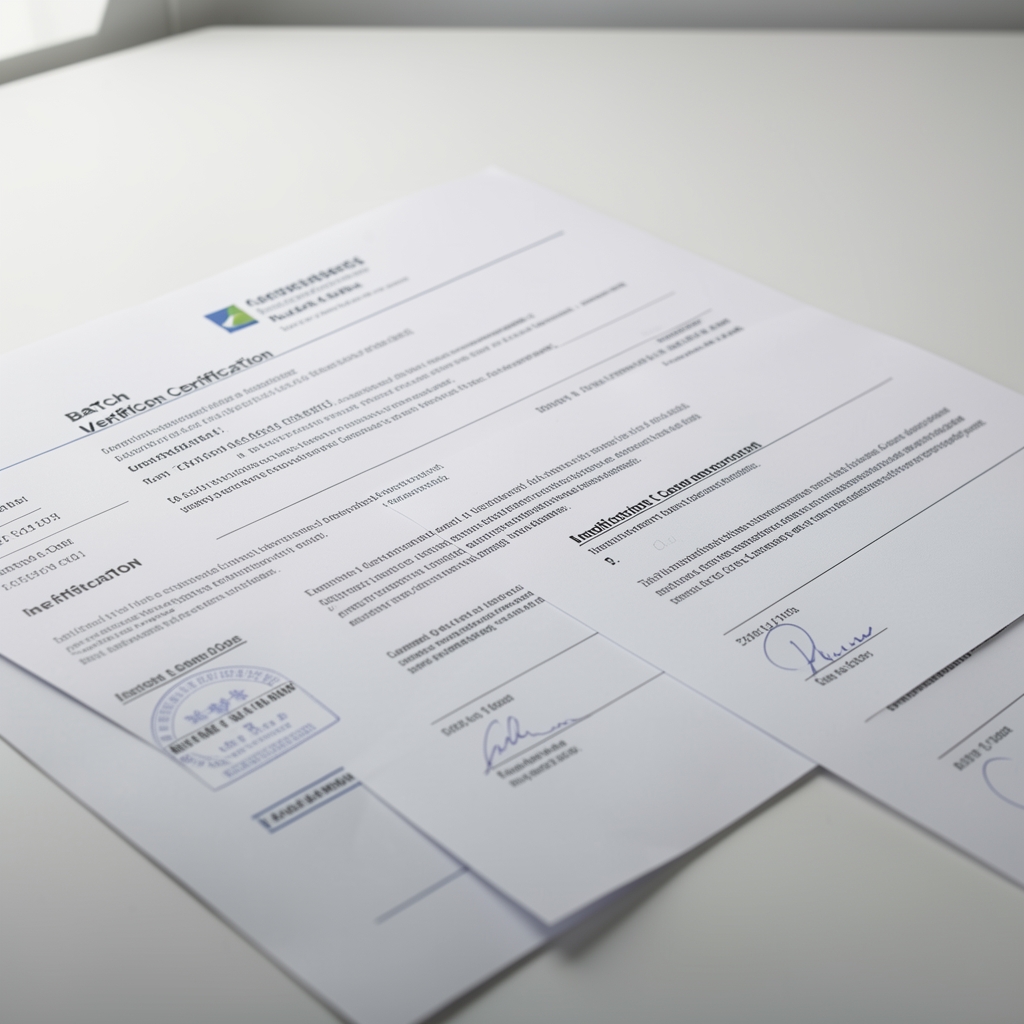 Close-up of batch verification documents on a clean workspace with ingredient certificates, date stamps visible under controlled lighting