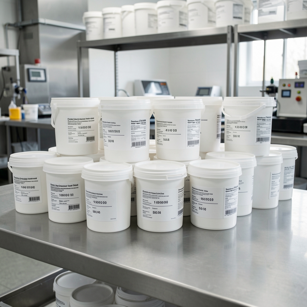 Quality control workspace with food-grade ingredient containers arranged systematically with labels and batch codes on a stainless steel surface