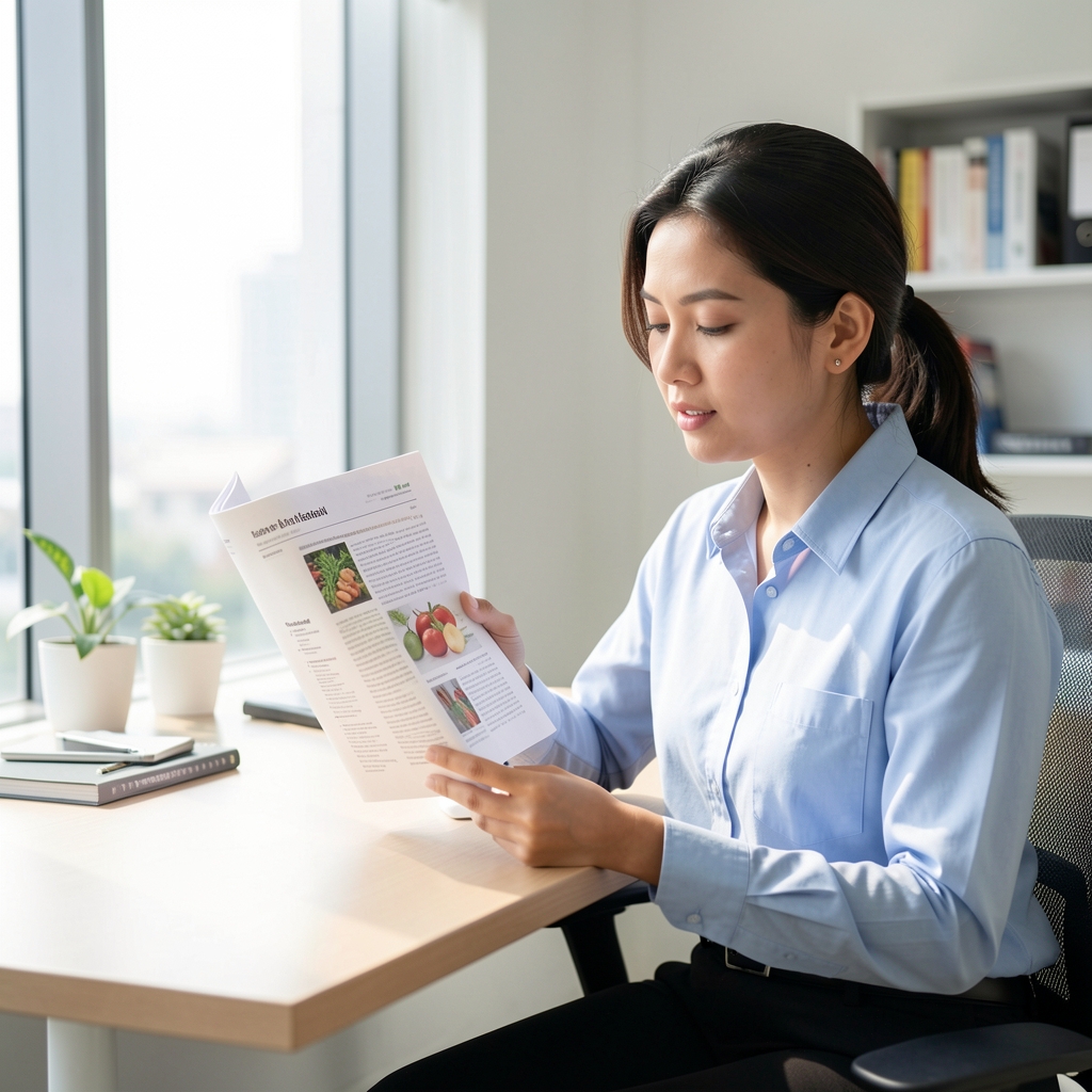 Nutrition researcher reviewing printed research journal article under bright natural light at a minimalist Jakarta desk