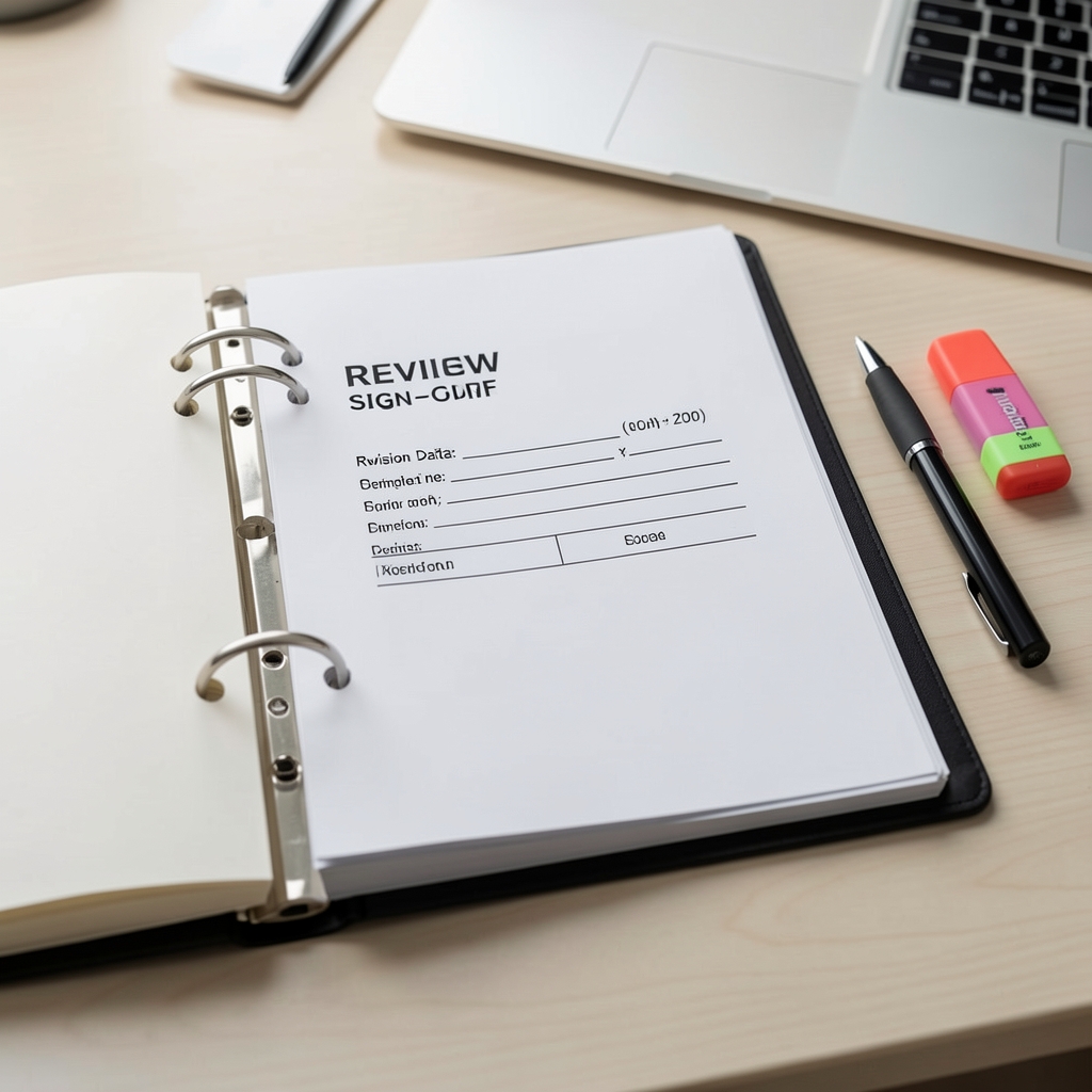 Programme binder with review sign-off page and revision date visible, open on a clean editorial desk alongside a pen and highlighter