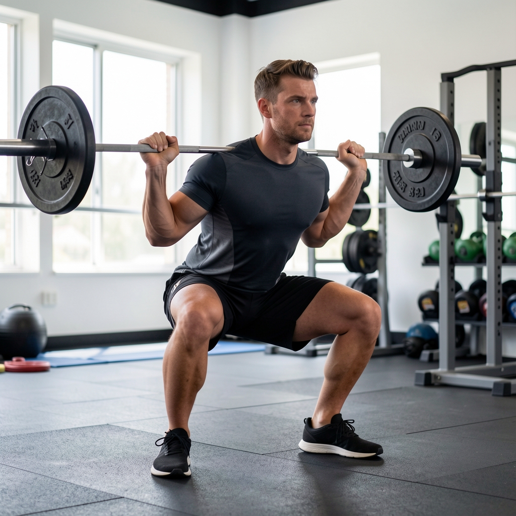 Man performing barbell back squat in a clean gym environment with proper form, athletic clothing, focused posture under bright studio lighting