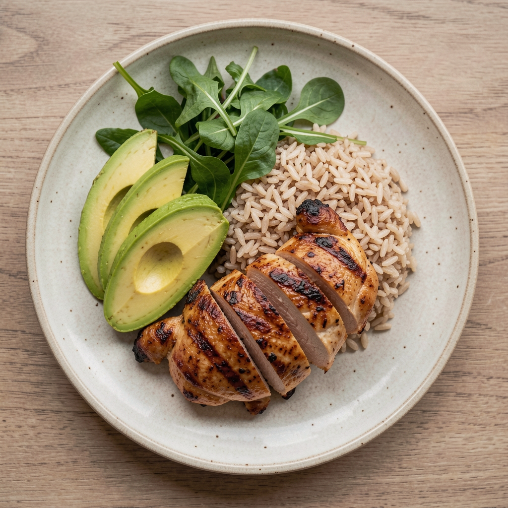 Overhead view of a carefully prepared balanced meal with grilled chicken, brown rice, avocado, and fresh greens on a ceramic plate