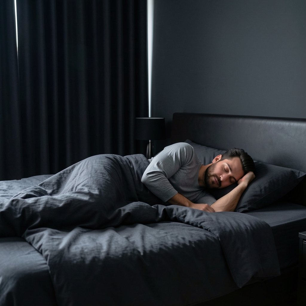 Man in relaxed sleep position in a well-ventilated dark bedroom with blackout curtains, representing quality sleep environment setup