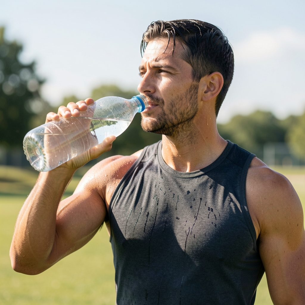 Man drinking water from a large glass bottle post-workout in a bright outdoor setting, sweat visible, athletic wear, refreshed expression