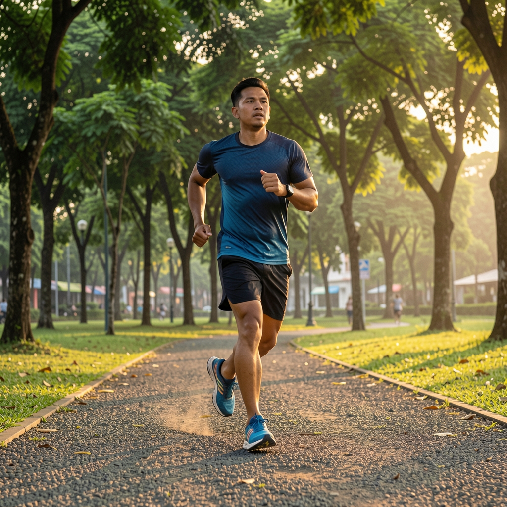 Man performing outdoor trail running through a Jakarta urban park at dawn, green trees in background, athletic shoes on gravel path