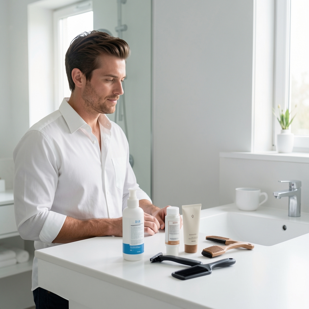 Man in white shirt at a minimalist bathroom counter with grooming essentials laid out neatly — moisturiser, razor, comb, on clean white surface