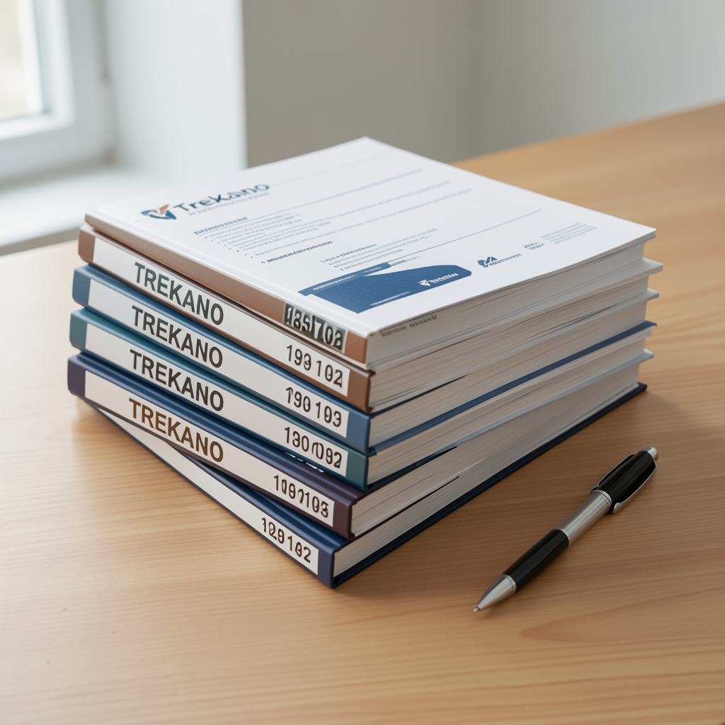 Stack of printed Trekano program documentation binders on a clean wooden surface with a pen, organised by program number