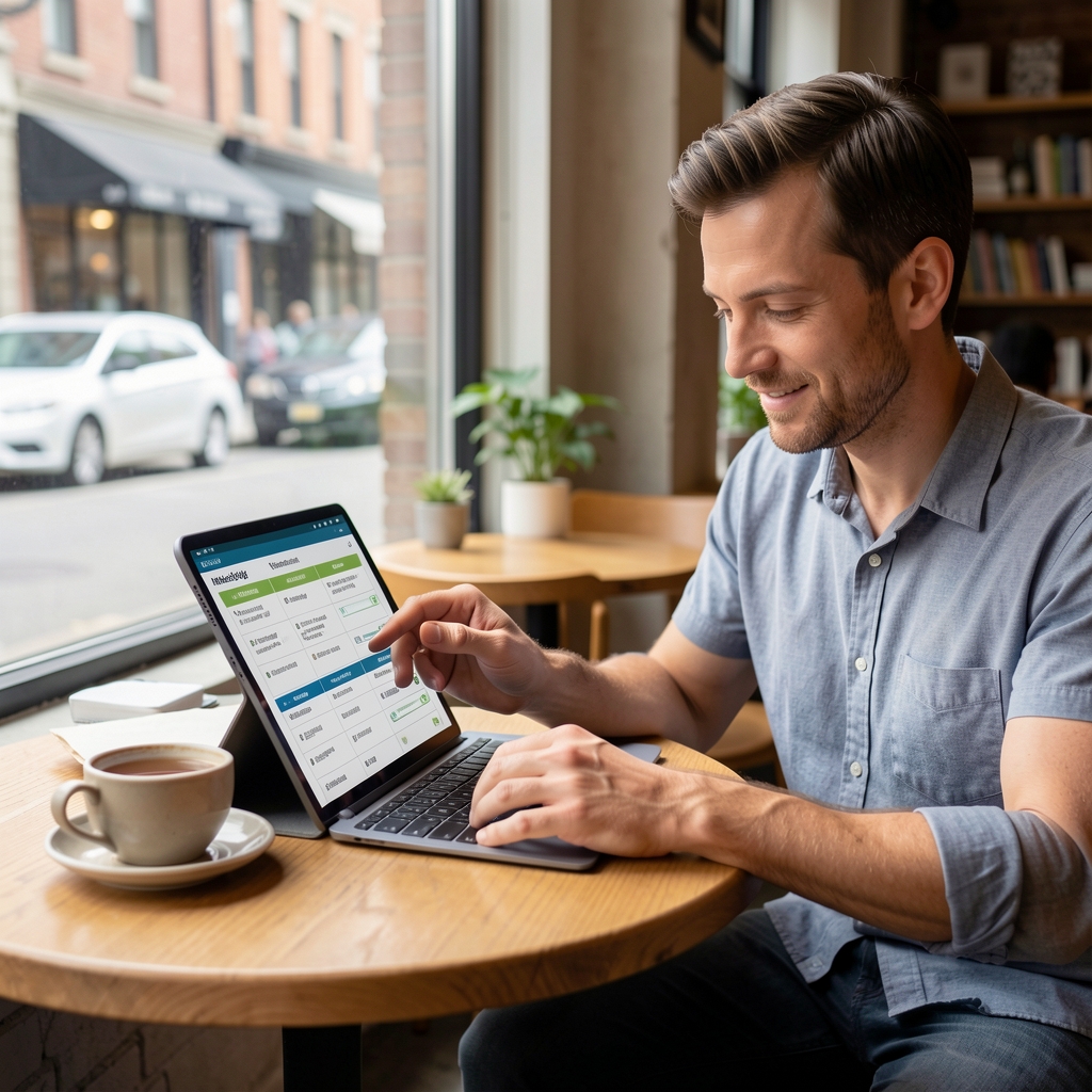Man reviewing a weekly wellness program schedule on a screen at a cafe table, natural light, cup of tea, relaxed urban setting