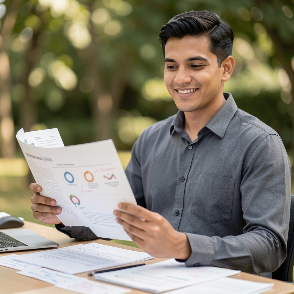 Trekano editorial team member reviewing printed wellness research documents at a standing desk with annotated notes visible