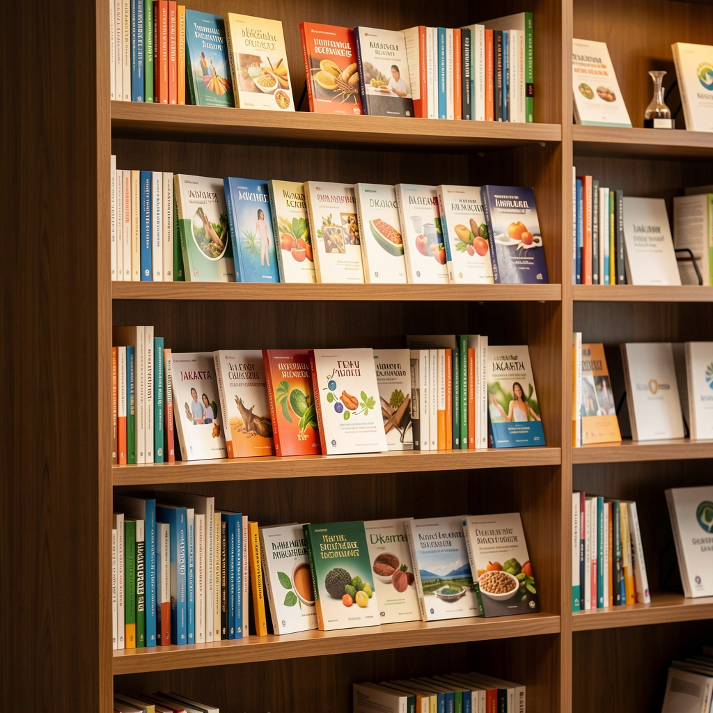 Jakarta office bookshelf with nutritional science and wellness journals organized by category under warm studio lighting
